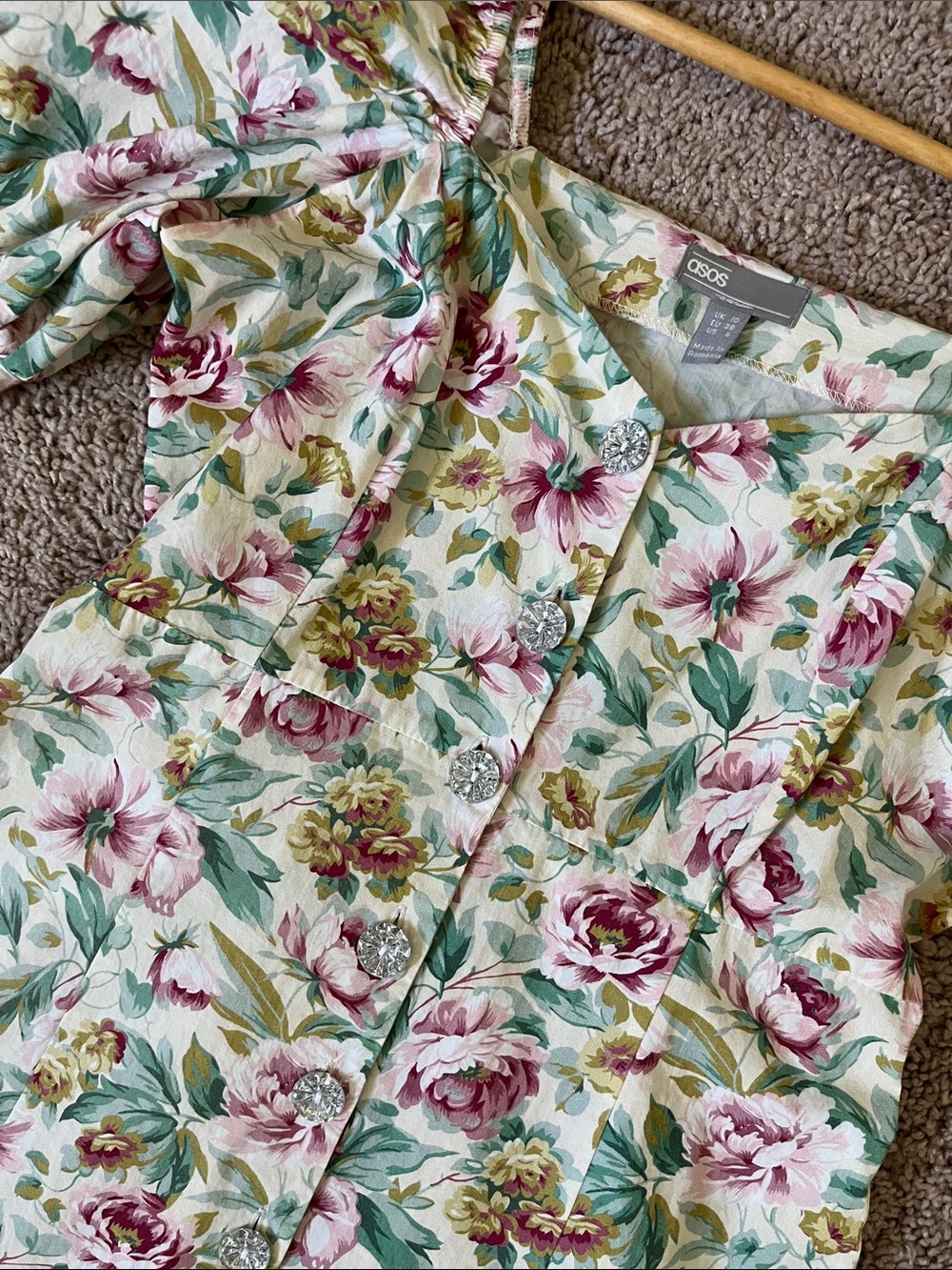 ASOS Puff Sleeve Floral Button-Front Midi Dress in Pink, Green & Cream - Picture 3 of 16